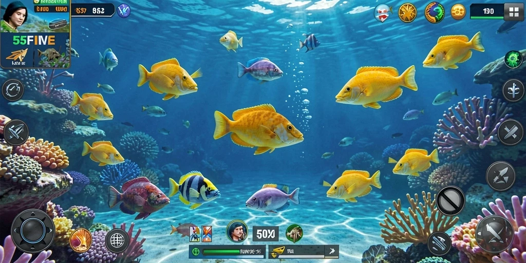 Tampilan gameplay seru saat menembak ikan di 55FIVE.