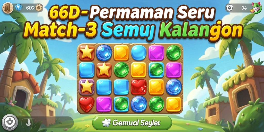 Screenshot gameplay 66D menampilkan momen mencocokkan permata warna-warni.