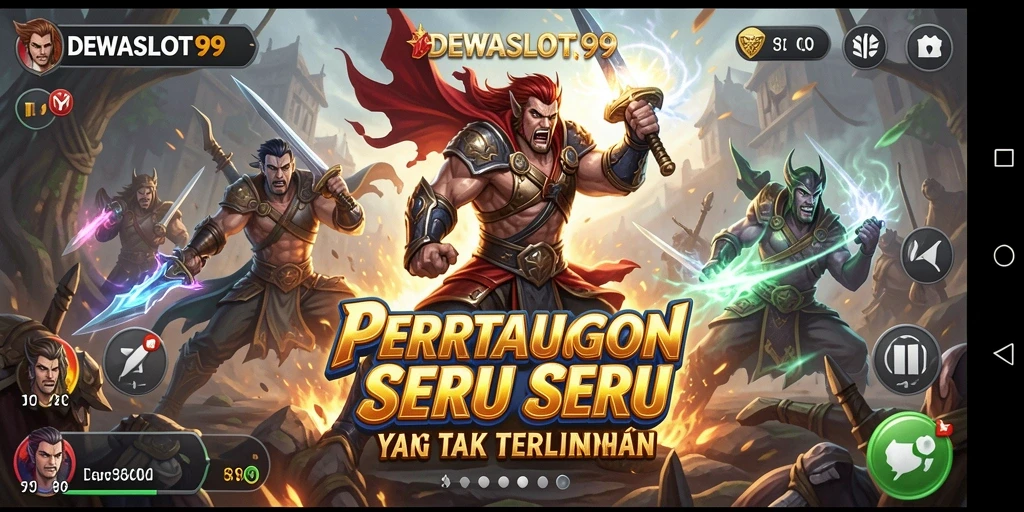 Tangkapan layar gameplay DEWASLOT99 menampilkan pertarungan intens dan karakter yang beragam.