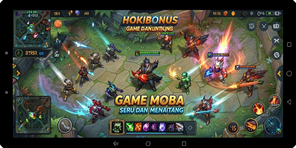 Tampilan aksi seru dalam pertandingan MOBA HOKIBONUS.