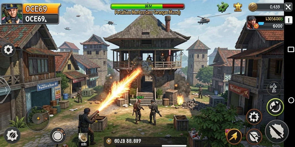 Tangkapan layar menunjukkan gameplay intens dari Tower Defense dengan menara dan musuh yang beragam.