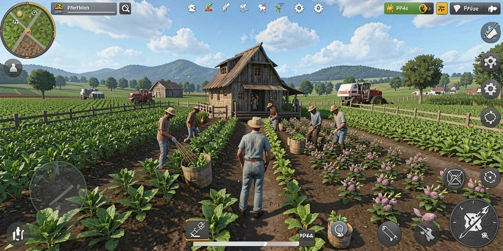 Screenshot gameplay PP444 yang menampilkan aktivitas berkebun dan beternak.