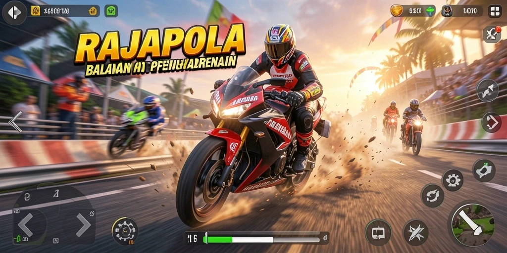 Gameplay seru RAJAPOLA dengan motor balap yang memukau.