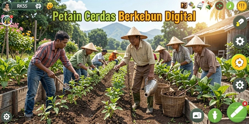 Screenshot RK55 menunjukkan gameplay seru bertani dan berkebun.