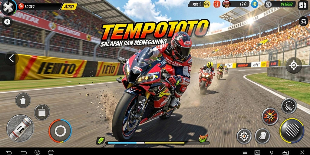 Tangkapan layar gameplay <strong>TEMPOTOTO</strong> menunjukkan balapan motor yang mendebarkan.