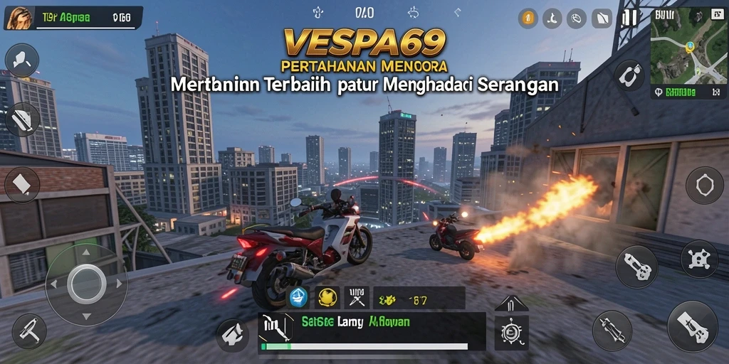 Screenshot gameplay VESPA69 menampilkan pertahanan menara yang epik.